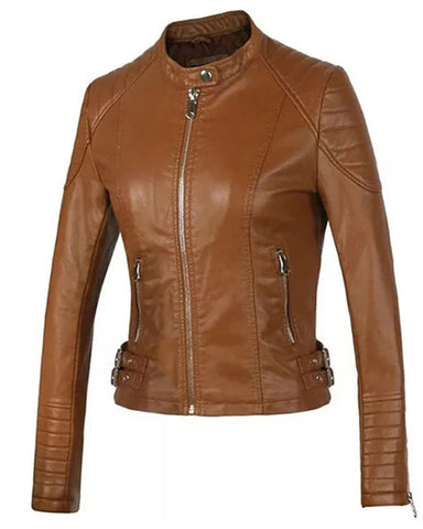 Glowrexs Womens Cognac Brown Cafe Racer Leather Jacket