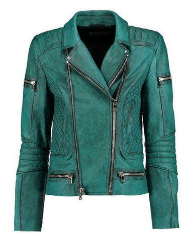 Glowrexs Women Slim Fit Diamond Quilted Moto Teal Leather Jacket