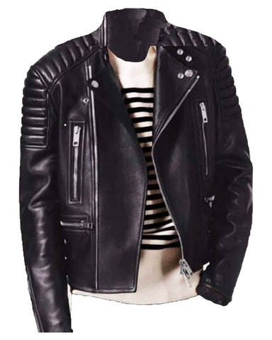 Glowrexs Men's Padded Shoulders Asymmetrical Black Bikers Padded Jacket