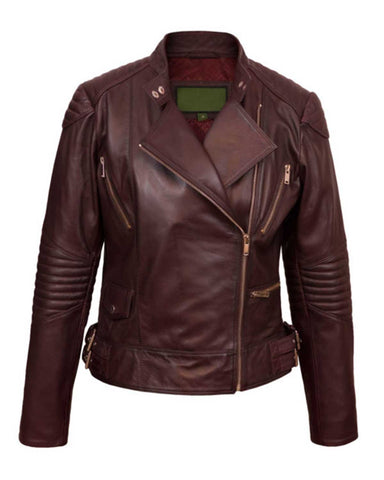 Glowrexs Women’s Biker Burgundy Leather Jacket