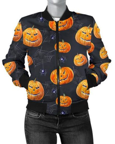 Glowrexs Halloween Pumpkin Print Bomber Jacket