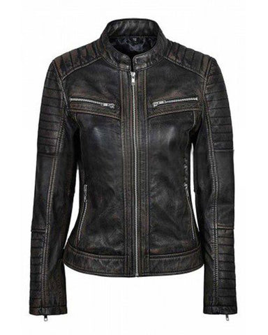 Glowrexs Womens Distressed Black Cafe Racer Jacket