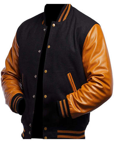 Glowrexs Men's Varsity Black and Gold Bomber Baseball Letterman Leather Jacket
