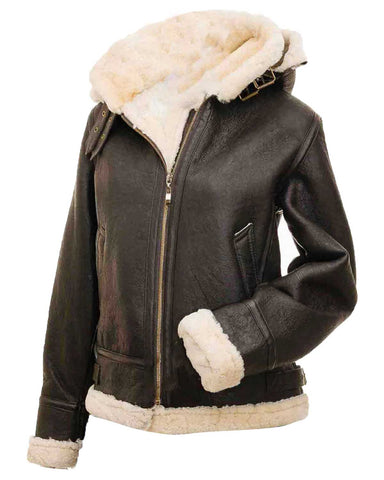 Glowrexs Women’s Shearling Brown Leather Bomber Jacket with Hood