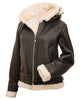 Glowrexs Women’s Shearling Brown Leather Bomber Jacket with Hood