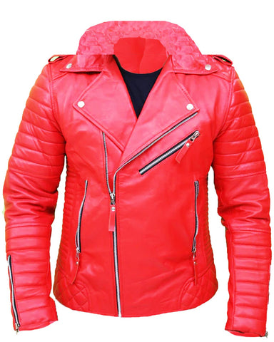 Glowrexs Men's Quilted Slim Fit Biker Red Jacket