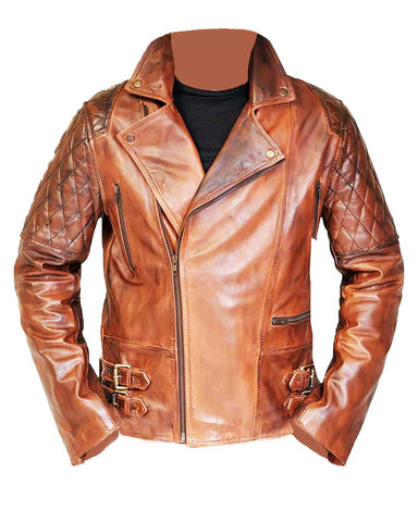 Glowrexs Men’s Biker Vintage Rustic Quilted Brown Leather Jacket