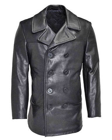 Glowrexs Men’s Naval Double Breasted Black Leather Coat