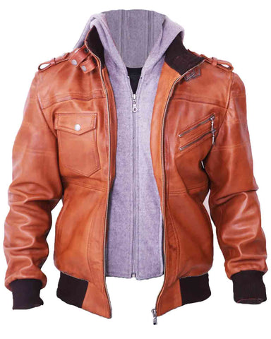 Glowrexs Men's Grey Removable Hood Brown Leather Jacket