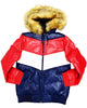 Glowrexs 8 Ball Pool Logo Fur Hooded Navy & Red Sheepskin Leather Men's Jacket