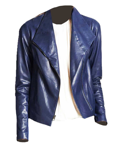 Glowrexs Asymmetrical Zipper Women’s Blue Leather Scuba Jacket