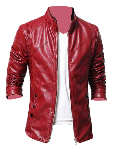 Glowrexs Men's Slim Fit Causal Wear Red Faux Leather Jacket