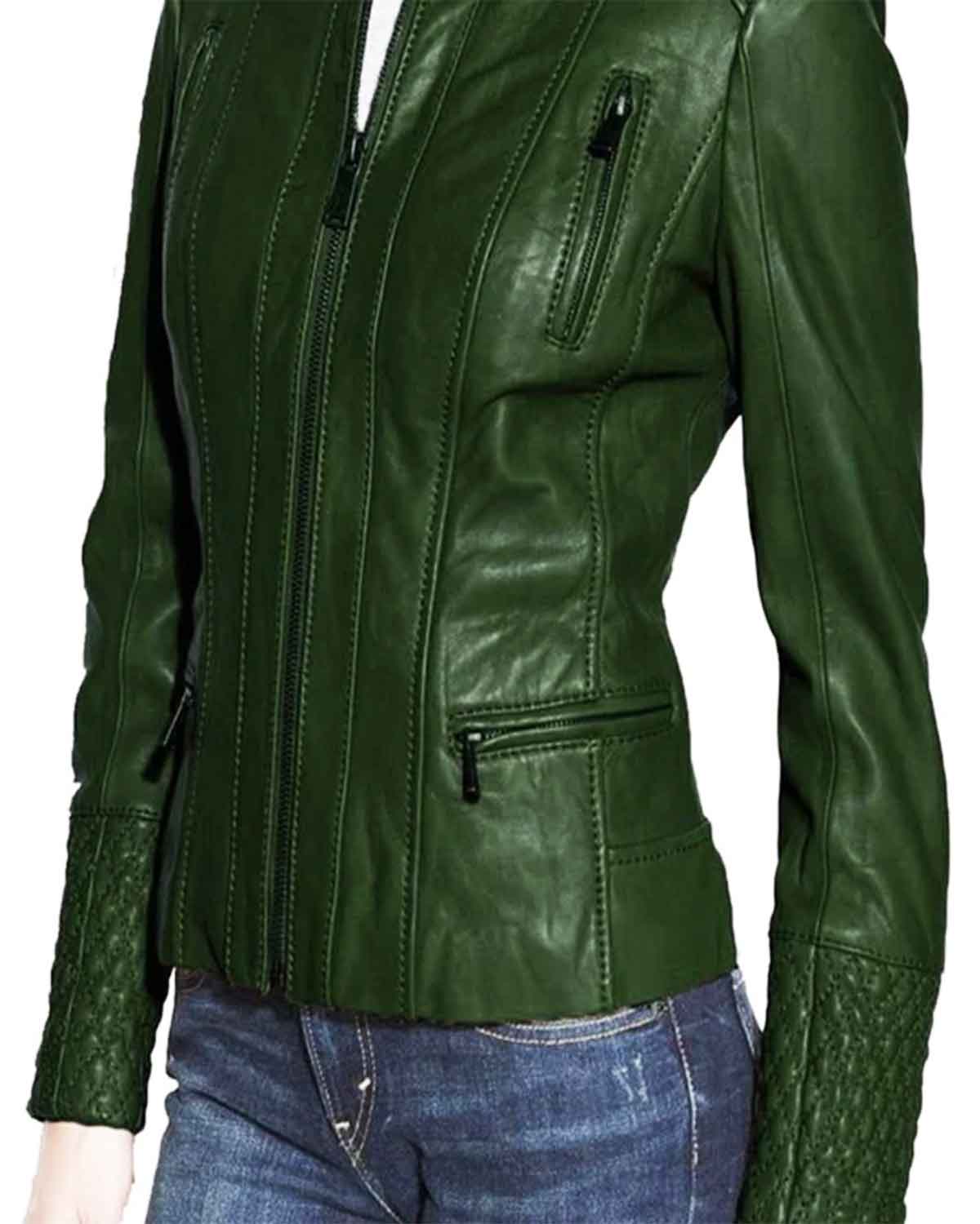 Glowrexs Women's Stylish Slim Fit Biker Green Leather Jacket
