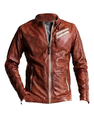 Mens Brown Distressed Leather Biker Jacket
