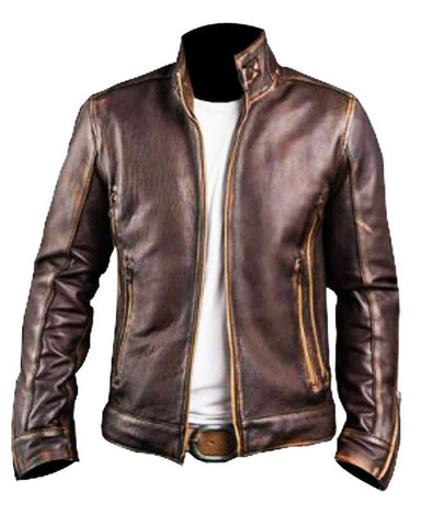 Glowrexs Men’s Cafe Racer Distressed Leather Jacket