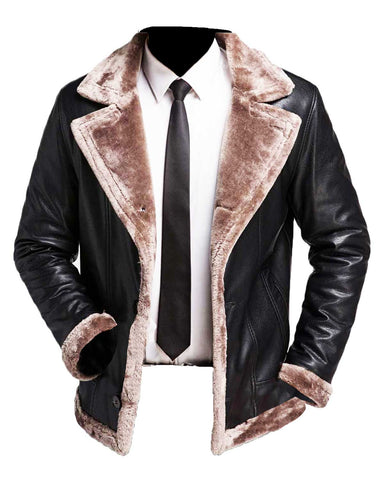 Glowrexs Men’s Winter Faux Fur Shearling Black Leather Jacket