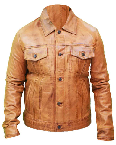 Glowrexs Men's Camel Brown Trucker Leather Jacket