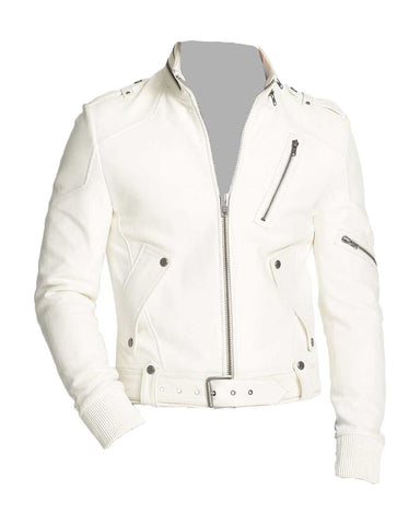 Glowrexs Belted Motorcycle White Leather Jacket for Men