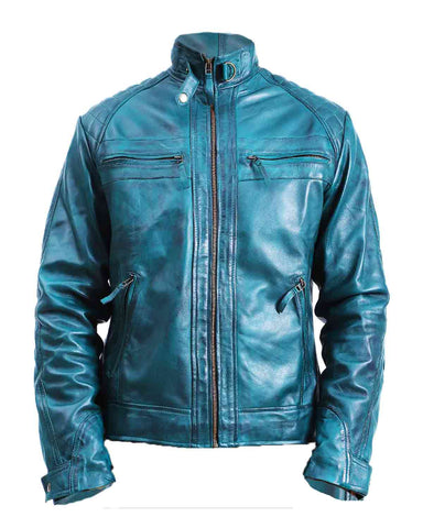 Glowrexs Mens Quilted Green Cafe Racer Leather Jacket