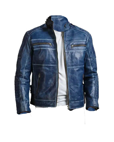 Glowrexs Blue Cafe Racer Mens Vintage Biker Leather Jacket