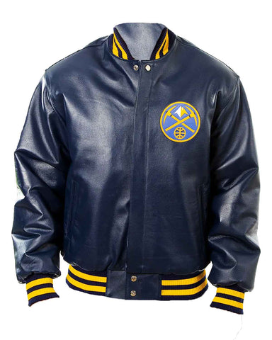 Glowrexs Denver Nuggets Letterman Navy Blue Leather Jacket
