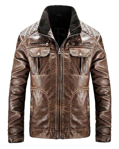 Glowrexs Men's Distressed Brown Waxed Quilted Jacket