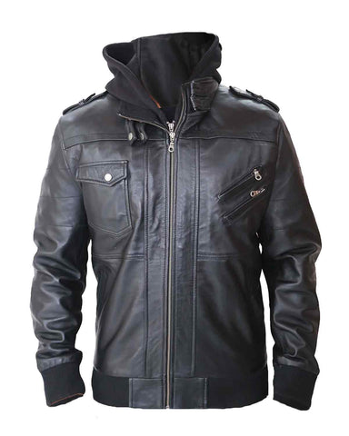 Glowrexs Men's Removable Hood Leather Jacket