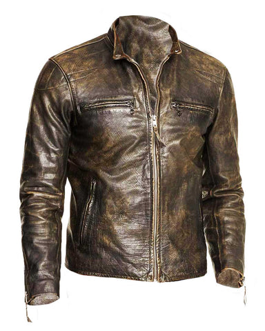 Glowrexs Men’s Dark Brown Distressed Leather Motorcycle Jacket