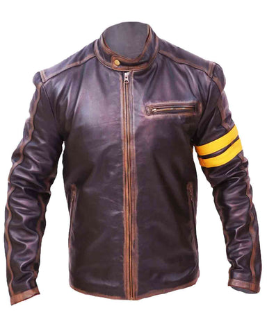 Glowrexs Men's Black Cafe Racer Leather Jacket With Yellow Strip