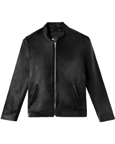 Mens Black Cafe Racer Sheepskin Leather Jacket