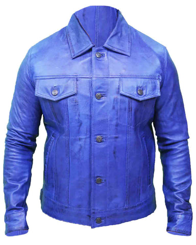 Glowrexs Vintage Men's Blue Real Leather Trucker Jacket