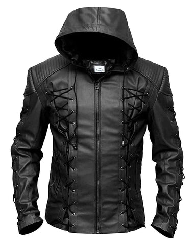 Glowrexs Arrow Inspired Black Hood Leather Jacket