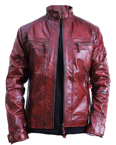 Glowrexs Men's Quilted Maroon Cafe Racer Leather Jacket