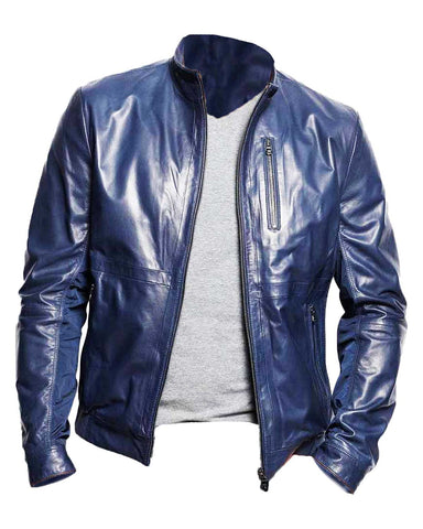 Glowrexs Men’s Zipper Pocket Style Casual Navy Blue Leather Jacket