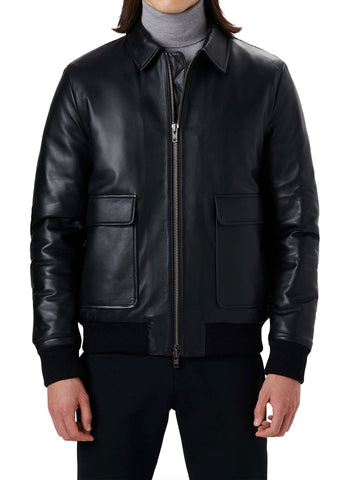 Mens Deep Black Smooth Bomber Leather Jacket
