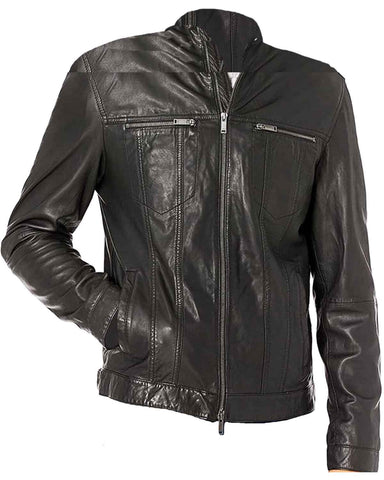 Glowrexs Men's Black Chris Wellford Leather Jacket with Shirt Style Collar