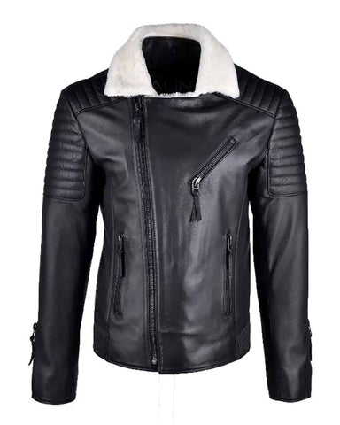Mens Black Shearling White Fur Leather Biker Jacket