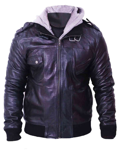 Glowrexs Men's Grey Removable Hood Black Leather Jacket