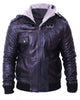 Glowrexs Men's Grey Removable Hood Black Leather Jacket