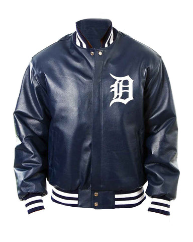 Glowrexs Detroit Tigers Bomber Navy Blue Leather Jacket