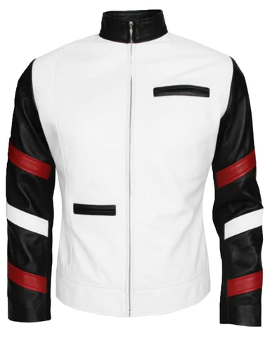 Glowrexs Men's Vintage White Leather Jacket With Stripes