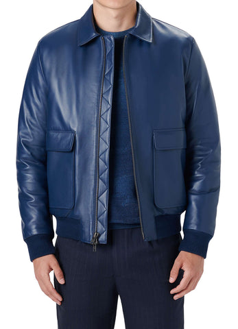 Mens Soft Blue Bomber Leather Jacket