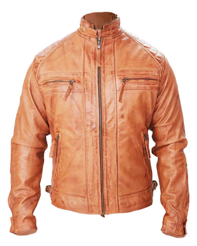 Glowrexs Men's Tan Biker Fashion Slim Fit Pure Leather Jacket