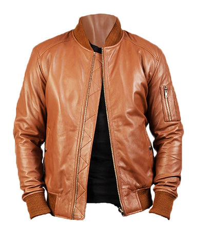Glowrexs Men’s MA-1 Brown Leather Flight Bomber Jacket