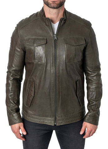 Mens Military Style Olive Green Leather Jacket
