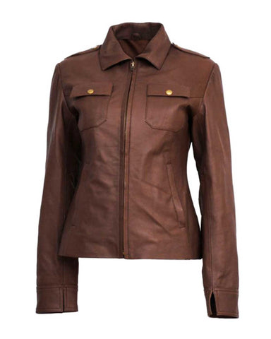 Glowrexs Chloe Price Brown Leather Cropped Jacket