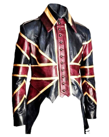 Glowrexs Mens Vintage Union Jack Tail Leather Coat
