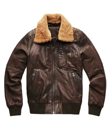 Glowrexs Bollard Brown Leather Jacket with Detachable Fur Collar