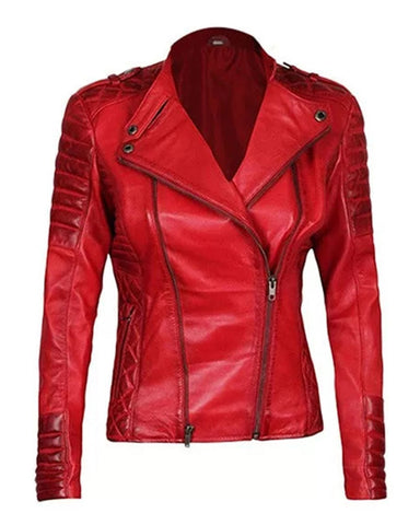 Glowrexs Womens Quilted Merlot Red Leather Biker Jacket