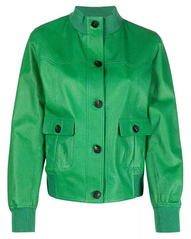 Glowrexs Womens Buttoned Green Leather Jacket